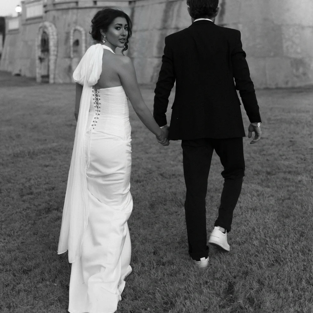 Miss Rosier Elegant White Halter Wedding Dress with Draped Train - Picture 5 of 9